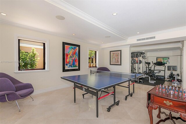 6535 Allison Rd, Miami Beach, FL 33141 - rec room with ornamental molding, recessed lighting, and light tile patterned floors