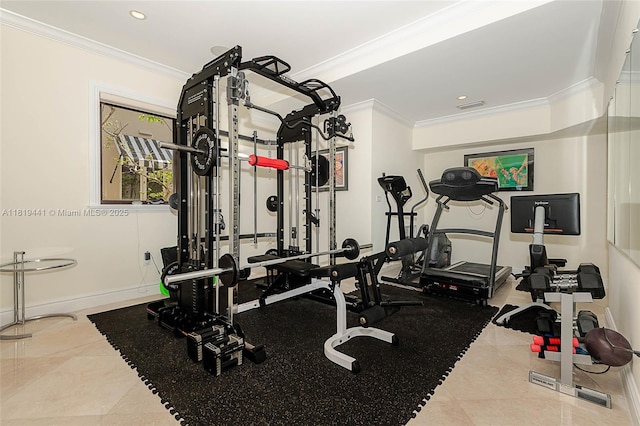 6535 Allison Rd, Miami Beach, FL 33141 - exercise area with ornamental molding, recessed lighting, and tile patterned flooring