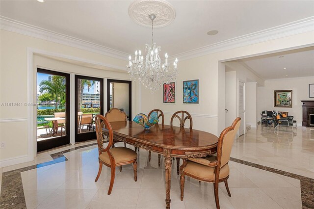 6535 Allison Rd, Miami Beach, FL 33141 - dining room featuring inlaid floor details, crown molding, a chandelier, and recessed lighting