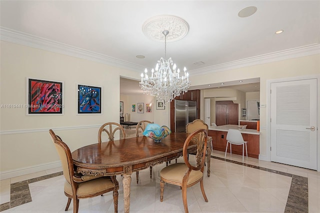 6535 Allison Rd, Miami Beach, FL 33141 - dining space with inlaid floor details, a chandelier, ornamental molding, and light tile patterned floors