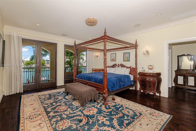 6535 Allison Rd, Miami Beach, FL 33141 - bedroom featuring french doors, access to exterior, crown molding, and hardwood / wood-style flooring