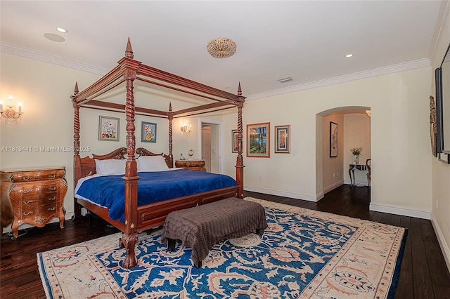 6535 Allison Rd, Miami Beach, FL 33141 - bedroom featuring arched walkways, hardwood / wood-style flooring, ornamental molding, and recessed lighting
