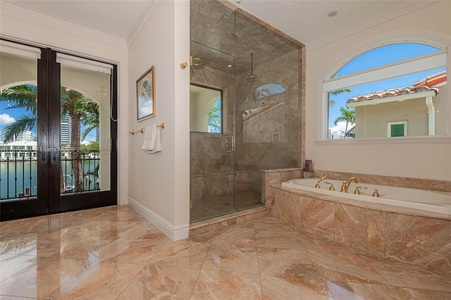 6535 Allison Rd, Miami Beach, FL 33141 - bathroom with marble tiled floors, a shower stall, a bath, healthy amount of natural light, and crown molding