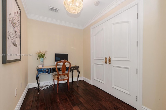 6535 Allison Rd, Miami Beach, FL 33141 - office featuring a chandelier, wood finished floors, and crown molding