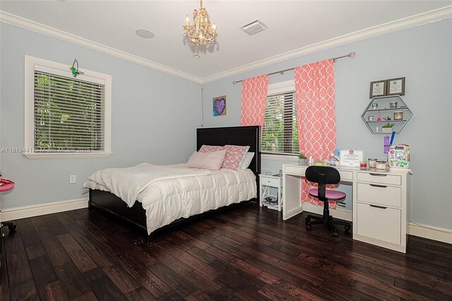 6535 Allison Rd, Miami Beach, FL 33141 - bedroom with ornamental molding, wood-type flooring, an office area, and a chandelier
