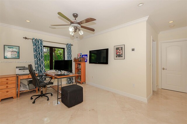 6535 Allison Rd, Miami Beach, FL 33141 - home office with crown molding, a ceiling fan, and recessed lighting