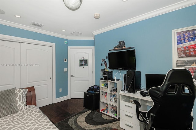 6535 Allison Rd, Miami Beach, FL 33141 - office with dark wood-style flooring, ornamental molding, and recessed lighting