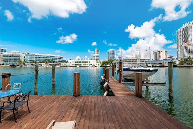 6535 Allison Rd, Miami Beach, FL 33141 - dock area with boat lift, a water view, and a city view