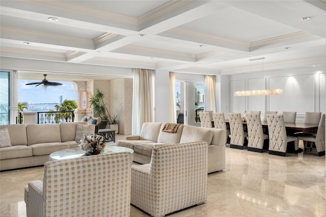 5233 Fisher Island Dr Unit 5233, Miami Beach, FL 33109 - living room with coffered ceiling, a ceiling fan, light marble finish floors, beamed ceiling, and ornamental molding