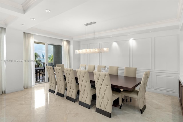 5233 Fisher Island Dr Unit 5233, Miami Beach, FL 33109 - dining area featuring crown molding, a decorative wall, recessed lighting, and a raised ceiling