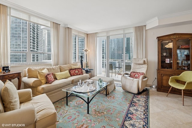 801 Brickell Key Blvd Unit 2202, Miami, FL 33131 - living room featuring ornamental molding, plenty of natural light, and light tile patterned floors