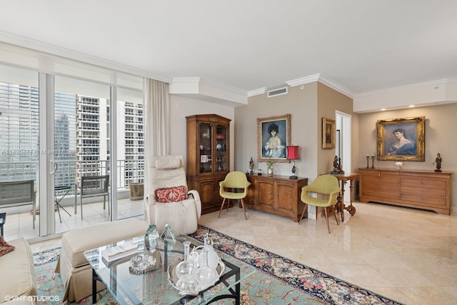 801 Brickell Key Blvd Unit 2202, Miami, FL 33131 - living area featuring crown molding and floor to ceiling windows