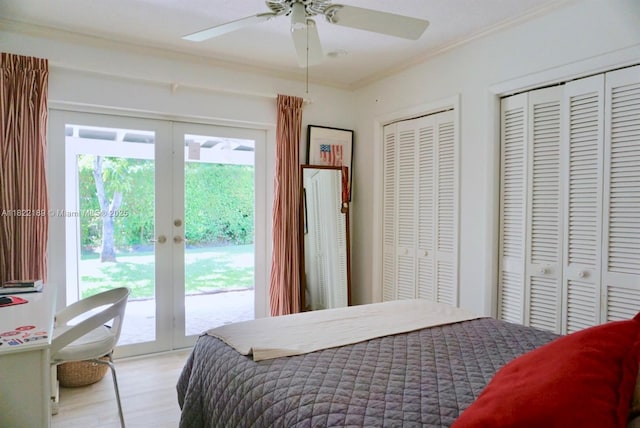 13200 SW 59th Ave, Pinecrest, FL 33156 - bedroom featuring access to outside, multiple closets, crown molding, french doors, and light wood-style flooring