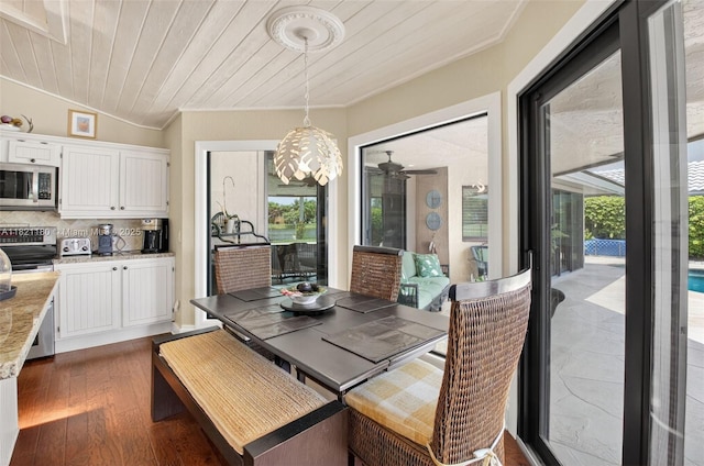 10755 Stonebridge Blvd, Boca Raton, FL 33498 - dining room with ornamental molding, dark wood-type flooring, and wood ceiling