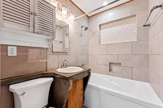6073 NW 27th St, Margate, FL 33063 - bathroom with washtub / shower combination, vanity, tasteful backsplash, and tile walls