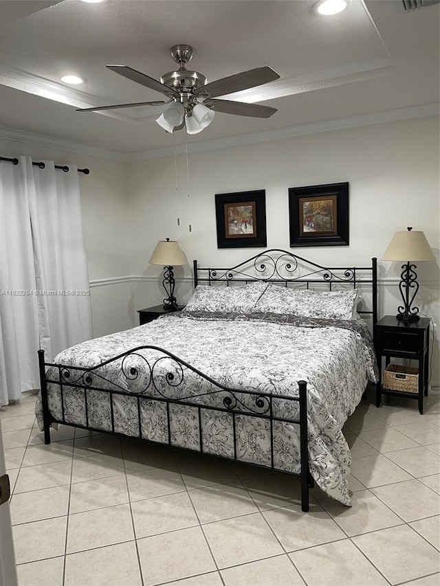 16388 SW 47th Ter, Miami, FL 33185 - bedroom with light tile patterned flooring, ornamental molding, a tray ceiling, recessed lighting, and ceiling fan