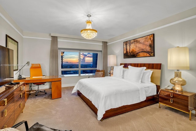 1435 Brickell Ave Unit 3012, Miami, FL 33131 - bedroom with carpet floors, a chandelier, and an office area