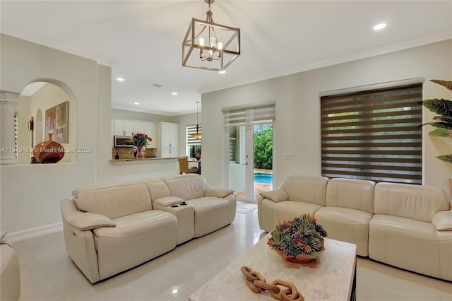 8902 NW 178th Ln, Hialeah, FL 33018 - living room featuring crown molding, a chandelier, light tile patterned floors, and recessed lighting