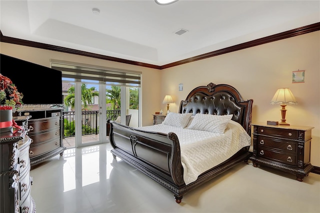 8902 NW 178th Ln, Hialeah, FL 33018 - bedroom featuring french doors, access to exterior, ornamental molding, a raised ceiling, and light tile patterned floors