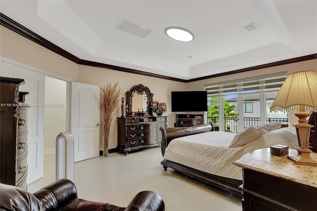 8902 NW 178th Ln, Hialeah, FL 33018 - bedroom featuring a raised ceiling, access to exterior, ornamental molding, and finished concrete floors