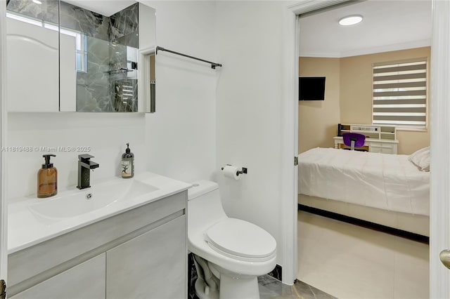 8902 NW 178th Ln, Hialeah, FL 33018 - bathroom with ensuite bathroom, vanity, a marble finish shower, and ornamental molding