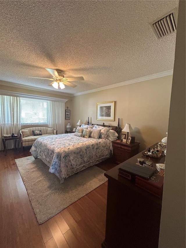 13205 SW 119th St, Miami, FL 33186 - bedroom with a textured ceiling, wood-type flooring, ornamental molding, and ceiling fan