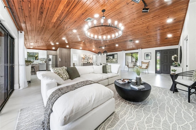 2019 NW 108th Ln, Coral Springs, FL 33071 - living room featuring wooden ceiling, a chandelier, finished concrete floors, and recessed lighting