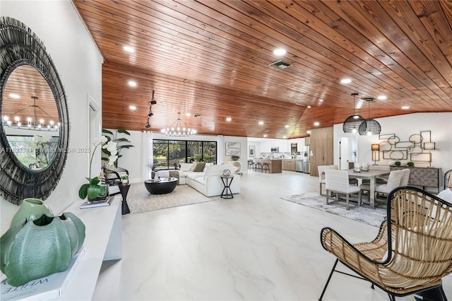 2019 NW 108th Ln, Coral Springs, FL 33071 - living area with wood ceiling, a chandelier, recessed lighting, and lofted ceiling