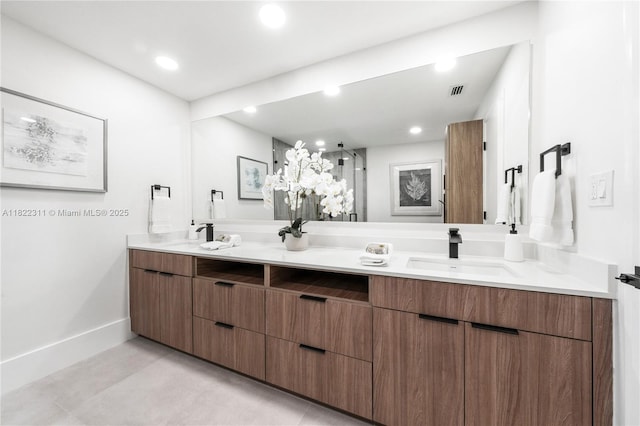 2019 NW 108th Ln, Coral Springs, FL 33071 - full bathroom with double vanity, recessed lighting, tile patterned flooring, and a shower with shower door