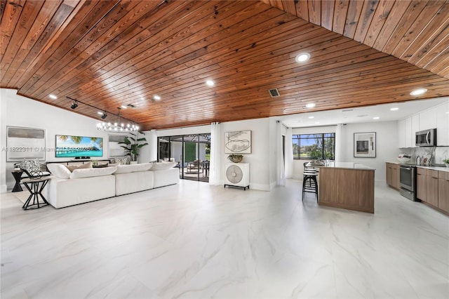 2019 NW 108th Ln, Coral Springs, FL 33071 - living room featuring wooden ceiling, lofted ceiling, light marble finish flooring, and recessed lighting