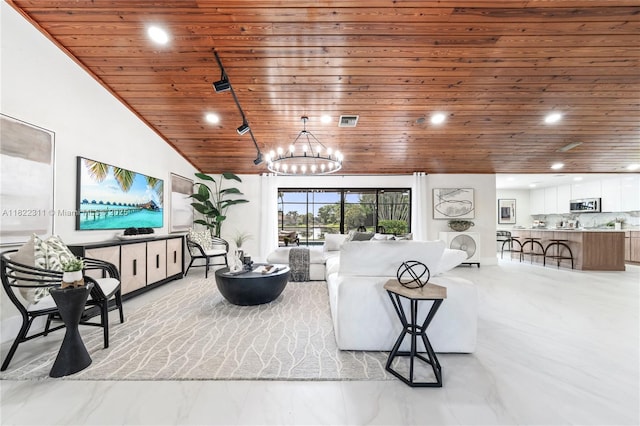 2019 NW 108th Ln, Coral Springs, FL 33071 - living room with wood ceiling, lofted ceiling, a chandelier, and recessed lighting