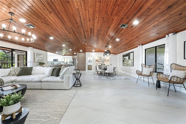 2019 NW 108th Ln, Coral Springs, FL 33071 - living room featuring wooden ceiling, plenty of natural light, light marble finish flooring, lofted ceiling, and recessed lighting