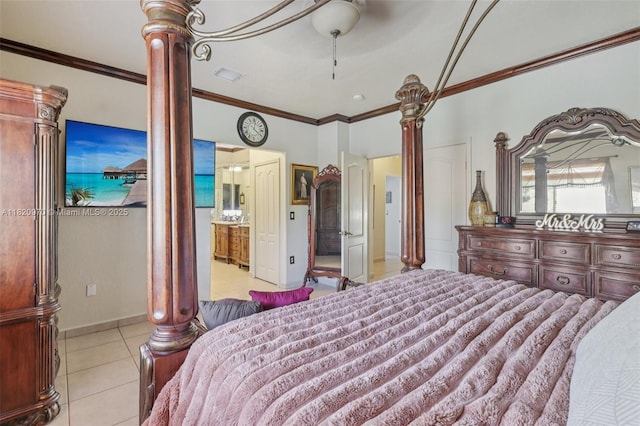 8981 NW 166th Ter, Miami Lakes, FL 33018 - bedroom with tile patterned flooring, crown molding, connected bathroom, and ceiling fan