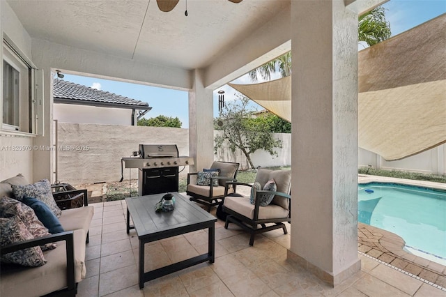8981 NW 166th Ter, Miami Lakes, FL 33018 - fenced backyard with an outdoor hangout area, a patio area, ceiling fan, and grilling area