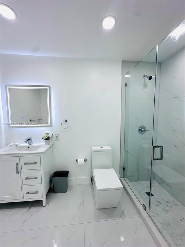 82 E 16th St, Hialeah, FL 33010 - bathroom featuring marble finish floors, a marble finish shower, vanity, and recessed lighting