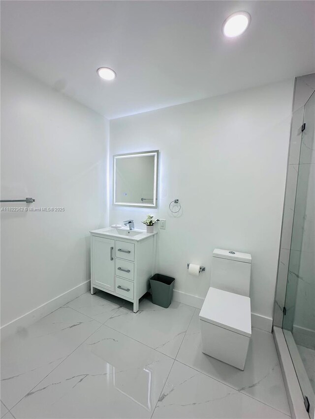 82 E 16th St, Hialeah, FL 33010 - full bathroom featuring vanity, marble look tiles, a stall shower, and recessed lighting