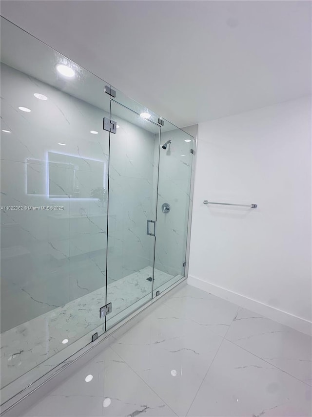 82 E 16th St, Hialeah, FL 33010 - bathroom with marble finish floors, a marble finish shower, and recessed lighting