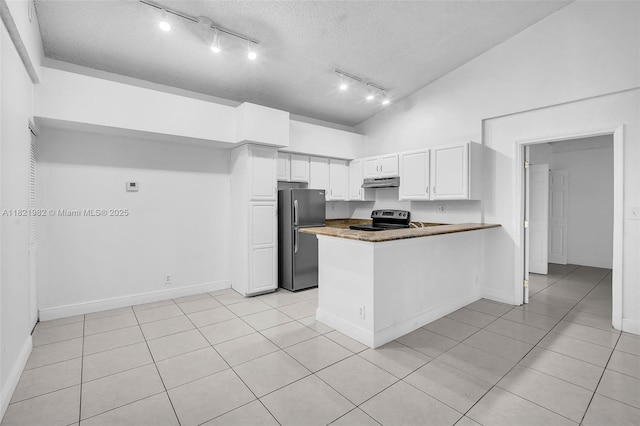 811 Lyons Rd Unit 20203, Coconut Creek, FL 33063 - kitchen featuring freestanding refrigerator, black / electric stove, under cabinet range hood, light tile patterned flooring, and a peninsula