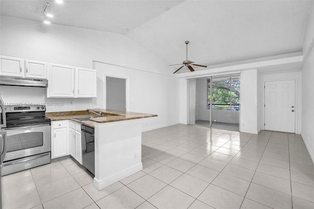 811 Lyons Rd Unit 20203, Coconut Creek, FL 33063 - kitchen featuring stainless steel range with electric stovetop, under cabinet range hood, dishwashing machine, a peninsula, and light tile patterned floors