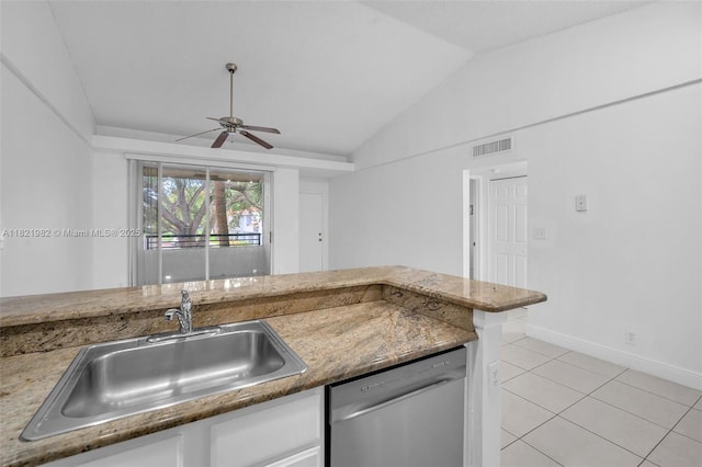 811 Lyons Rd Unit 20203, Coconut Creek, FL 33063 - kitchen featuring dishwasher, a ceiling fan, light tile patterned flooring, white cabinets, and vaulted ceiling