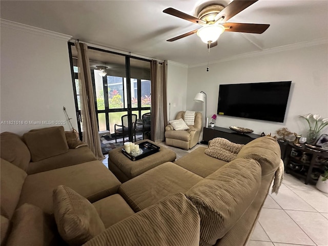 5160 Las Verdes Cir Unit 103, Delray Beach, FL 33484 - living area featuring ceiling fan, light tile patterned floors, and crown molding