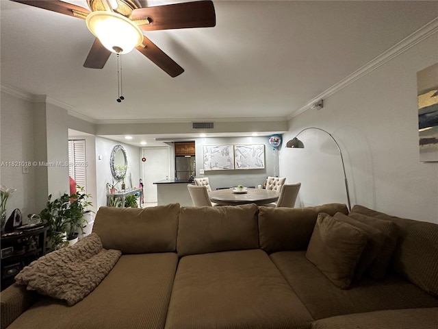 5160 Las Verdes Cir Unit 103, Delray Beach, FL 33484 - living area with crown molding and a ceiling fan