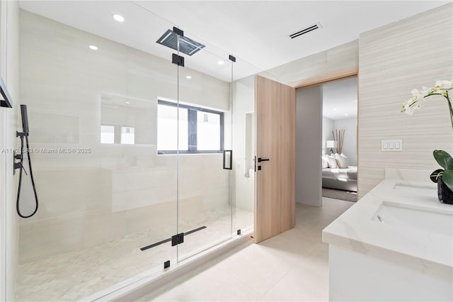 3002 SW 151st Ct, Miami, FL 33185 - bathroom featuring a shower stall, double vanity, tile patterned floors, and recessed lighting