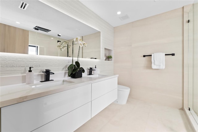 3002 SW 151st Ct, Miami, FL 33185 - full bathroom with tile walls, double vanity, tile patterned flooring, tasteful backsplash, and a shower
