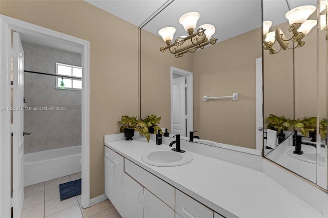 16101 SW 104th Ter, Miami, FL 33196 - bathroom with a chandelier, vanity, tile patterned flooring, and shower / tub combination