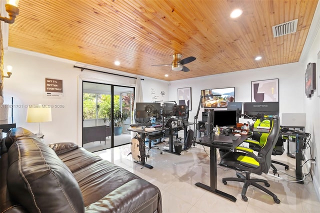 18401 SW 115th Ave, Miami, FL 33157 - office with wood ceiling, tile patterned floors, crown molding, recessed lighting, and a ceiling fan