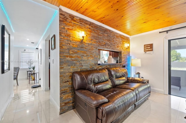 18401 SW 115th Ave, Miami, FL 33157 - living room featuring tile patterned flooring, wood ceiling, and ornamental molding