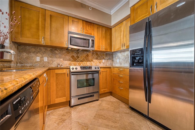 1755 E Hallandale Beach Blvd Unit 608E, Hallandale Beach, FL 33009 - kitchen featuring appliances with stainless steel finishes, ornamental molding, light stone counters, brown cabinetry, and backsplash