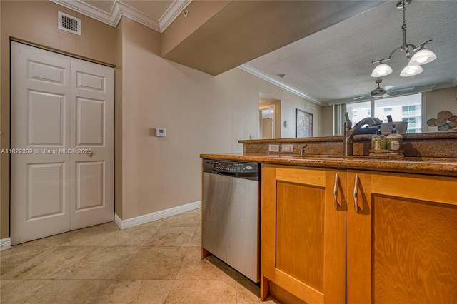 1755 E Hallandale Beach Blvd Unit 608E, Hallandale Beach, FL 33009 - kitchen with dishwasher, crown molding, a ceiling fan, brown cabinets, and a chandelier