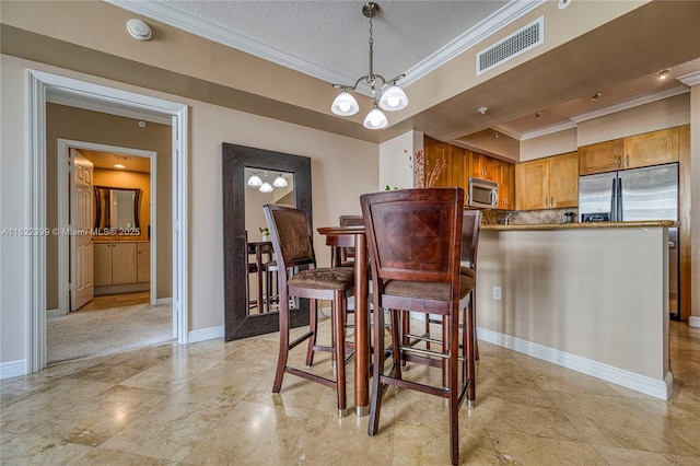 1755 E Hallandale Beach Blvd Unit 608E, Hallandale Beach, FL 33009 - dining area featuring crown molding, a chandelier, and a textured ceiling